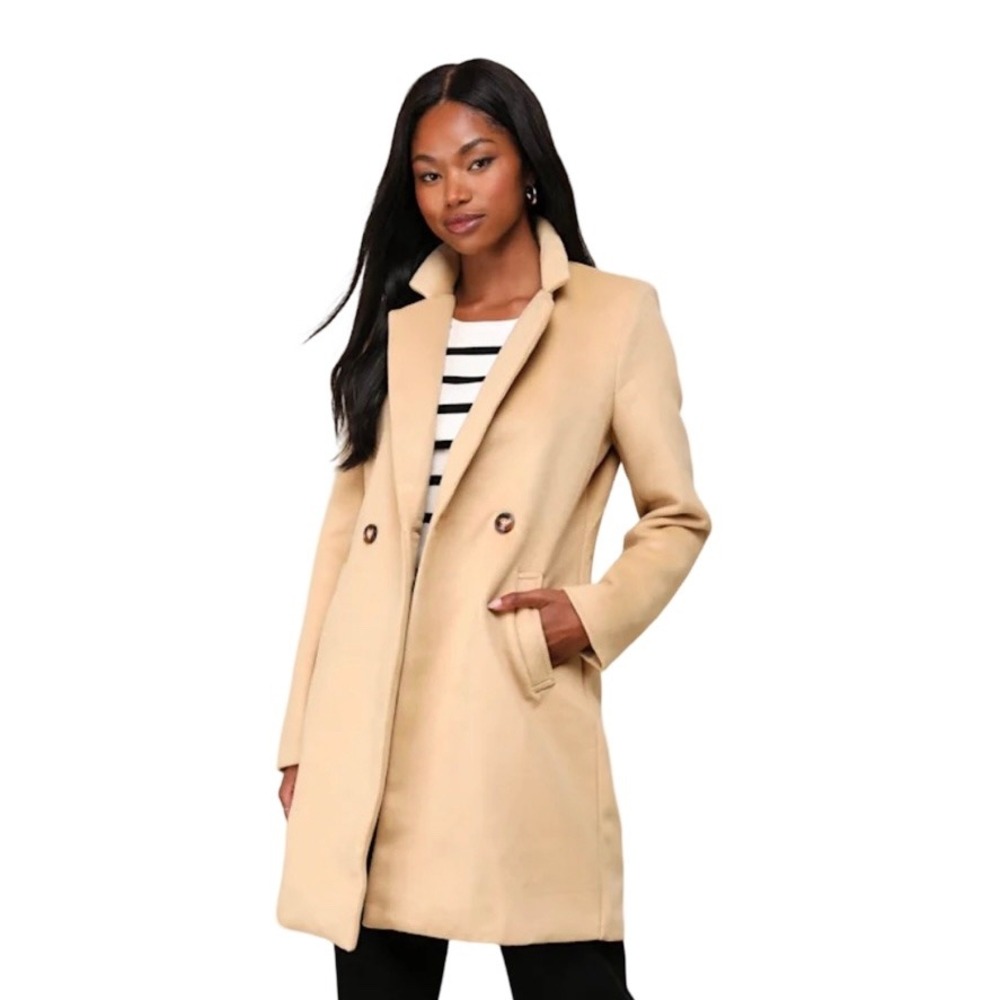 Lulus Harriet Long Double Breasted Coat Sz M Tan Camel Classic Timeless Neutral